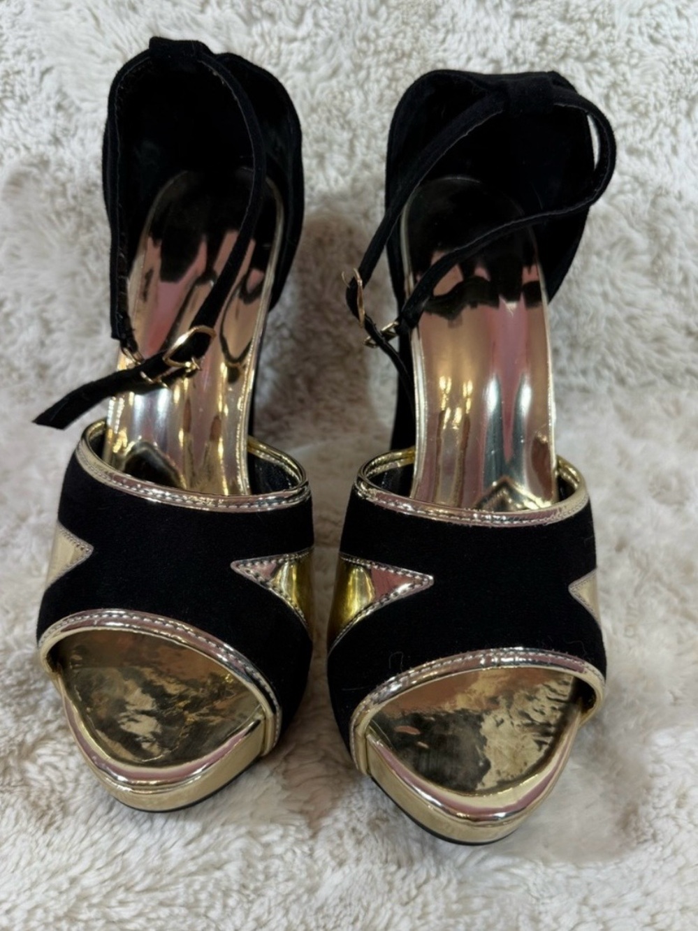 Black & Gold Peep-Toe Ankle Strap Platform Heels